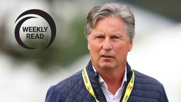TV Analyst Brandel Chamblee is pictured at the 2023 U.S. Open along with the SI Golf Weekly Read logo.